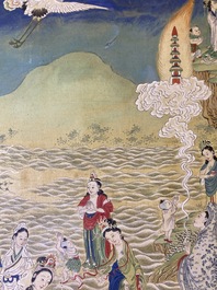 Chinese school, ink and color on canvas: 'Mountainous landscape with goddesses, mythical animals and boys', 19/20th C.